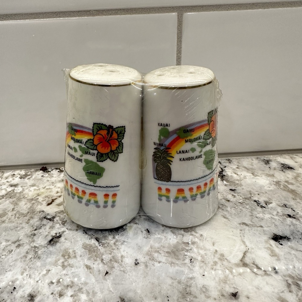 Vintage Hawaii Souvenir Salt and Pepper Shakers Ceramic Rainbow Hibiscus Set NEW